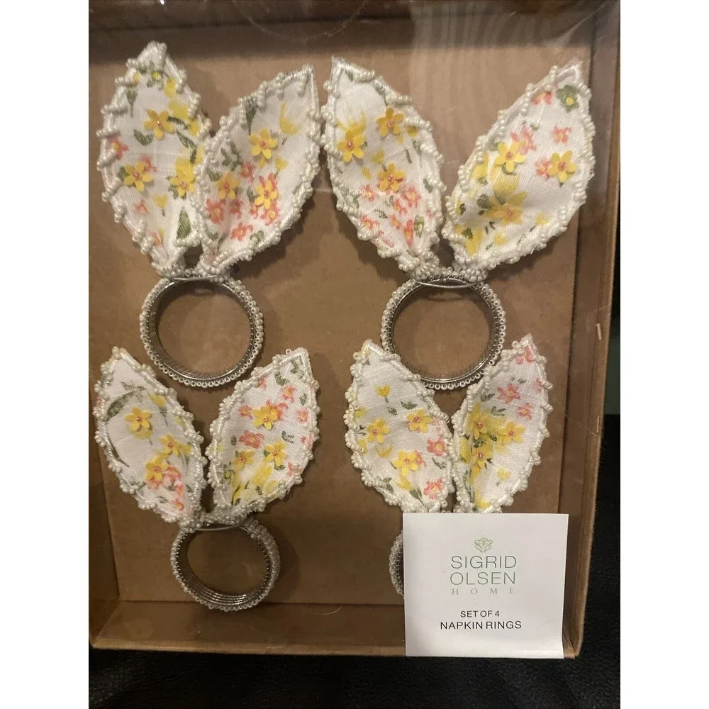 SIGRID OLSEN FLORAL EASTER BUNNY BEADED NAPKIN RINGS NEW!!! Set of 4 CUTE! - Picture 1 of 3